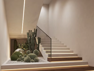 Modern Staircase With Glass Railing And Cacti In Light Colored Walls Space 3d model