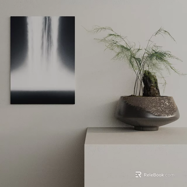 Decorative Indoor Bonsai Plant In Ceramic Pot Placed On White Shelf With Fresh Green Foliage 3d model 