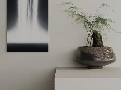 Decorative Indoor Bonsai Plant In Ceramic Pot Placed On White Shelf With Fresh Green Foliage 3d model