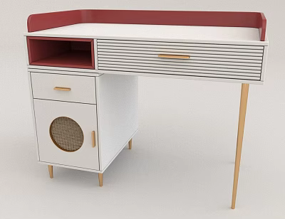 Modern White Vanity Dresser With Red Top Drawer Cabinet And Wooden Legs 3d model