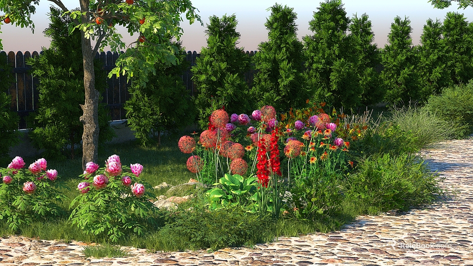 Lush Courtyard Garden with Vibrant Flowers Green Plants Trees and Stone Path 3d model 