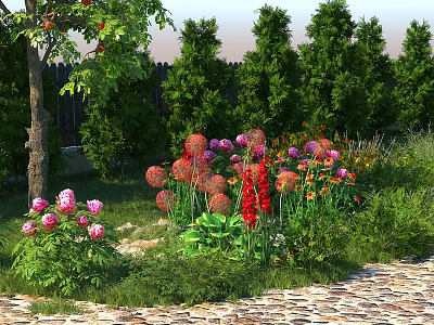 Lush Courtyard Garden with Vibrant Flowers Green Plants Trees and Stone Path 3d model