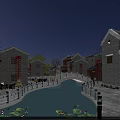 Ancient Architecture Riverside Scene With Stone Bridge Red Lanterns And Water Canal At Night