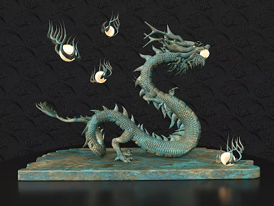 Green Dragon Sculpture Carved with Scales and Spherical Decor on Dark Wavy Textured Stone Base 3d model
