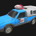 Old Blue White Truck With Rusty Body Red Toy Rocket On Roof Dino Bite Logo