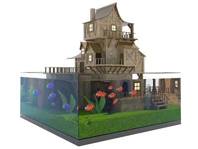Decorative Aquarium with Fairy Tale Wooden House Structure Colorful Fish and Green Aquatic Plants 3d model