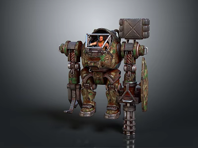 Game Movie Pilot Character In Camouflage Metallic Mech Suit With Shield And Armored Arms 3d model
