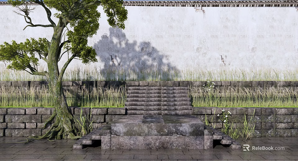 Ancient Style Garden Wall With White Weathered Texture Stone Steps And Green Tree 3d model 