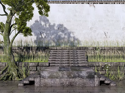 Ancient Style Garden Wall With White Weathered Texture Stone Steps And Green Tree 3d model