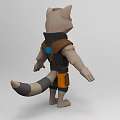 Tech Exhibition Hall Featuring Anthropomorphic Raccoon 3D Model With Orange Armor And Brown Outfit