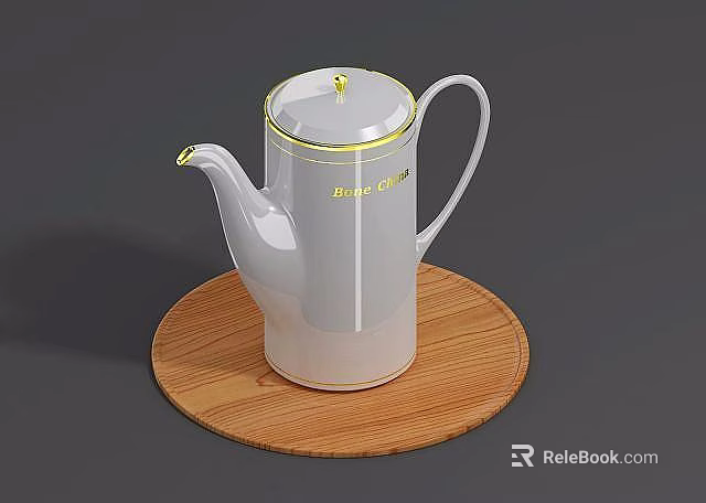 Tech Exhibition Hall Showcasing White Teapot With Yellow Decoration On Wooden Round Tray 3d model 