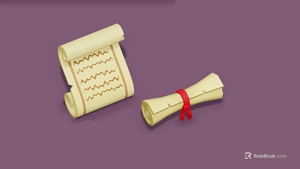 Unfolded Scroll With Wavy Patterns And Rolled Scroll Tied With Red Ribbon On Purple Background 3d model 