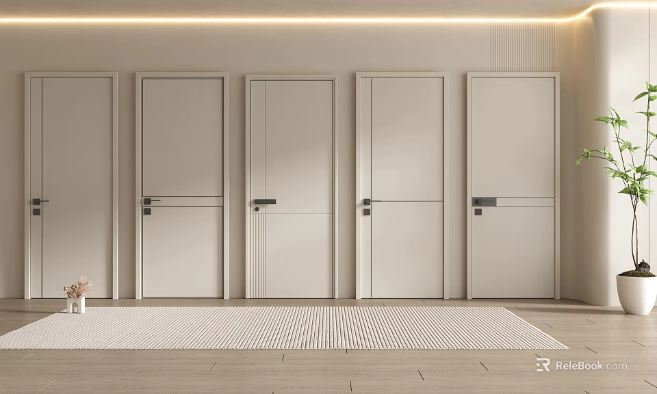 Modern Interior Swing Doors With Light Colored Design And Simple Handles 3d model
