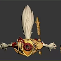 Fantasy Creature Character With Red Crested Hat Gold Decorations Beige Outfit Clawed Feet And Staff
