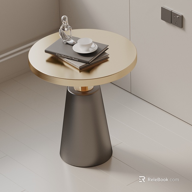 Modern Round Side Table With Golden Top Grey Cone Base Books Coffee Cup And Decor 3d model 
