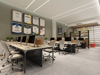 Public Office Space Featuring Desks Computers Wall Certificates White Chairs Gray Flooring And Green Plants 3d model