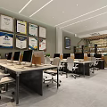 Public Office Space Featuring Desks Computers Wall Certificates White Chairs Gray Flooring And Green Plants