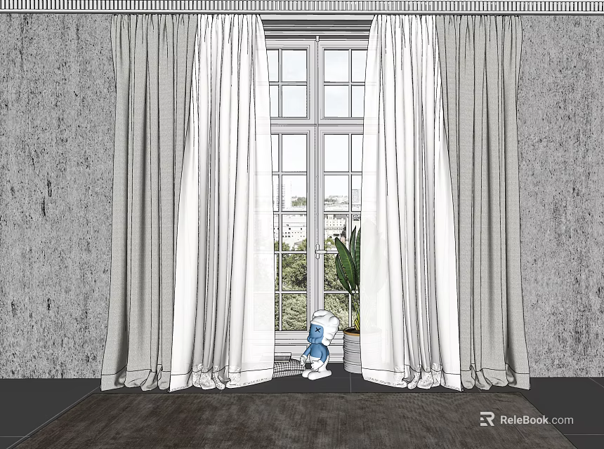 White Curtains For French Pane Window With Gray Walls And Green Plants Outside 3d model 