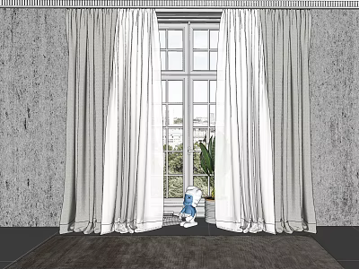 White Curtains For French Pane Window With Gray Walls And Green Plants Outside 3d model