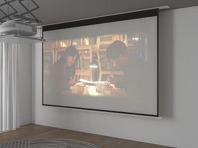 Wall Mounted Projection Monitoring Screen in Modern Room Showing People Working at Table With Lamp 3d model