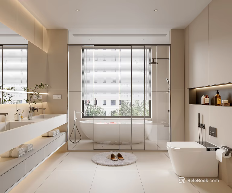 Modern Bathroom Interior With Glass Shower Bathtub Vanity And Storage Cabinets 3d model 