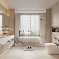 Modern Bathroom Interior With Glass Shower Bathtub Vanity And Storage Cabinets