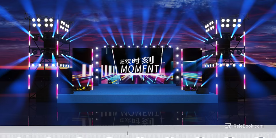 Eye Catching Stage Design With Colorful Lights Large Screens And MOMENT Text Elements 3d model 