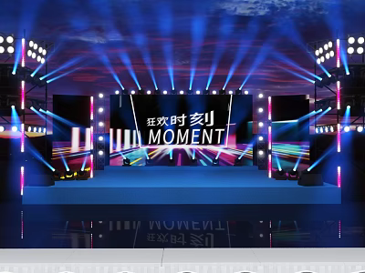 Eye Catching Stage Design With Colorful Lights Large Screens And MOMENT Text Elements 3d model