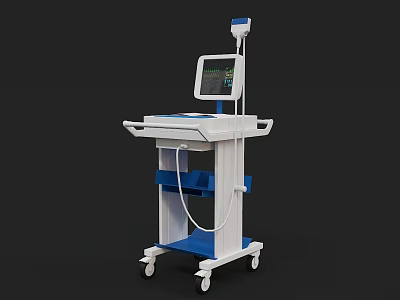 Medical Device Mobile Cart With Blue And White Display Screen And Storage Shelves 3d model