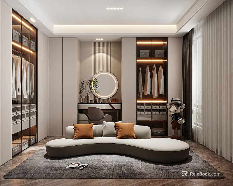 Modern Luxury Walk in Closet Interior with Glass Wardrobe Curved Sofa Round Mirror and Rug 3d model 