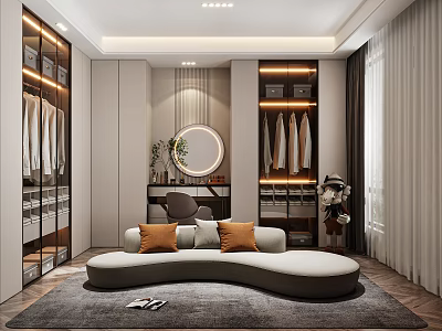 Modern Luxury Walk in Closet Interior with Glass Wardrobe Curved Sofa Round Mirror and Rug 3d model