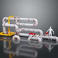 Industrial Piping Equipment With White Pipes Yellow Supports Red Valves And Human Figure For Scale