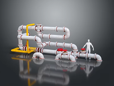 Industrial Piping Equipment With White Pipes Yellow Supports Red Valves And Human Figure For Scale 3d model