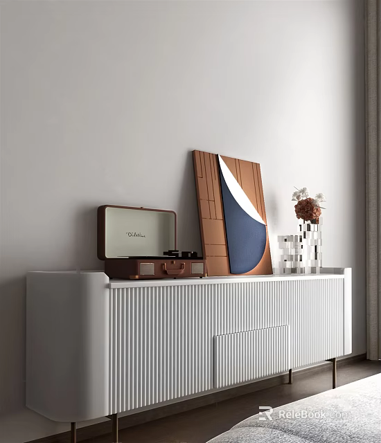White Vertical Stripe TV Stand with Vintage Radio Decorative Painting and Flower Vase 3d model 