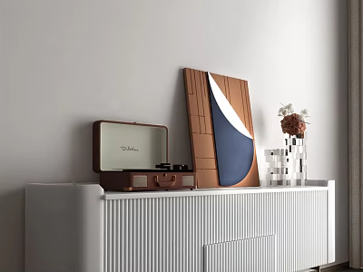 White Vertical Stripe TV Stand with Vintage Radio Decorative Painting and Flower Vase 3d model