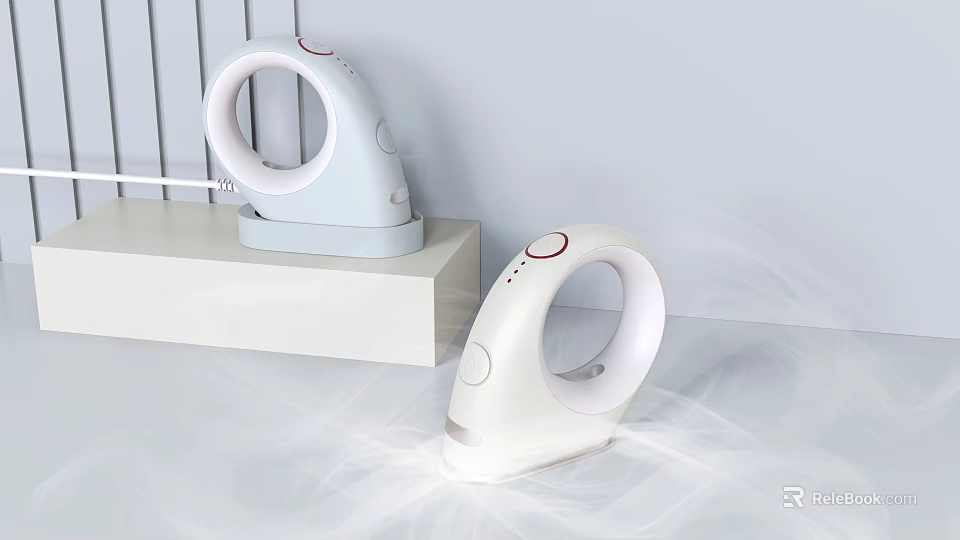 Light Blue And White Bladeless Fans Daily Electrical Appliances On Light Colored Countertop With Airflow 3d model 