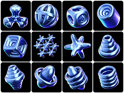 Blue 3D Geometric Abstract Art Installations With Glossy Shapes On Black Background 3d model