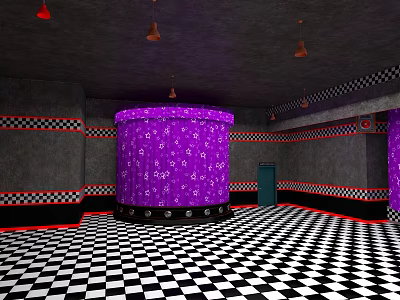 Purple Cylinder With Numbers In Room Featuring Black White Checkerboard Floor Gray Walls And Lights 3d model