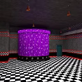 Purple Cylinder With Numbers In Room Featuring Black White Checkerboard Floor Gray Walls And Lights
