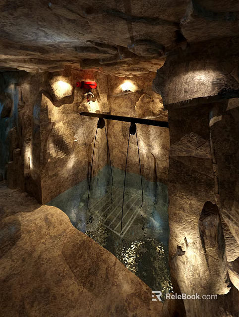 Cartoon Cave Scene With Rock Walls Water And Hanging Metal Bridge Lighting 3d model 