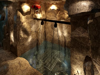 Cartoon Cave Scene With Rock Walls Water And Hanging Metal Bridge Lighting 3d model