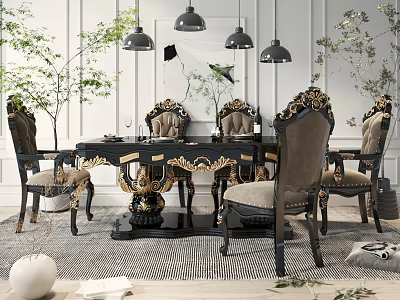 Luxurious Black Dining Set With Gold Accent Carved Chairs And Pendant Lights 3d model
