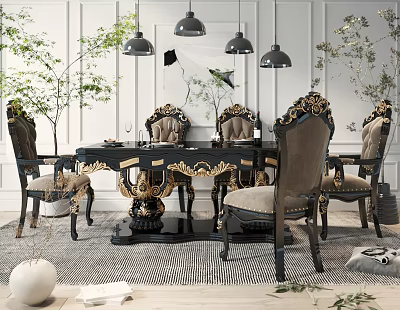 Luxurious Black Dining Set With Gold Accent Carved Chairs And Pendant Lights 3d model