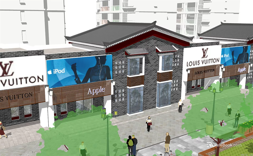 Traditional Modern Commercial Street With Apple Louis Vuitton Stores And Pedestrians 3d model 