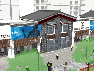 Traditional Modern Commercial Street With Apple Louis Vuitton Stores And Pedestrians 3d model