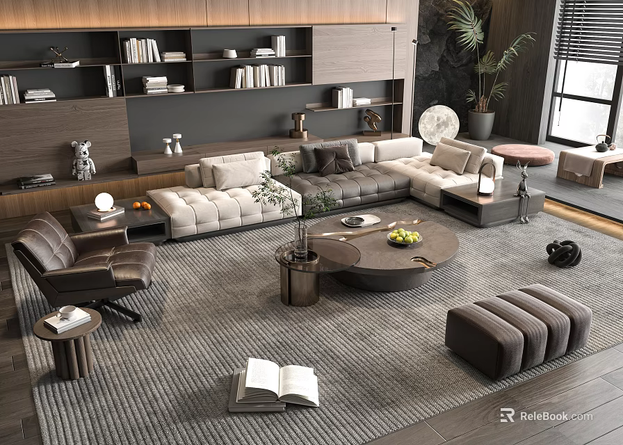 Modern Living Room With L Shaped Sofa And Coffee Table Set Area Rug Accent Chair And Bookshelf 3d model 