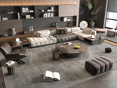 Modern Living Room With L Shaped Sofa And Coffee Table Set Area Rug Accent Chair And Bookshelf 3d model