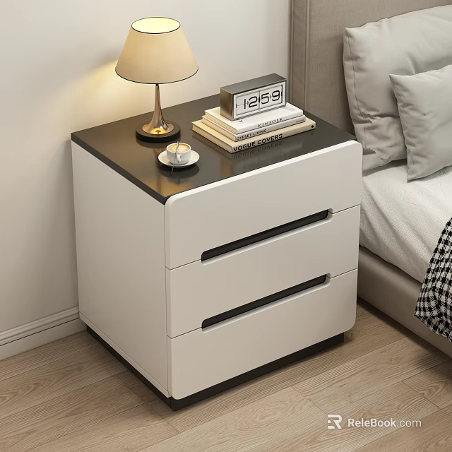 White Bedside Table With Two Drawers Black Top Table Lamp Alarm Clock Books Teacup 3d model 