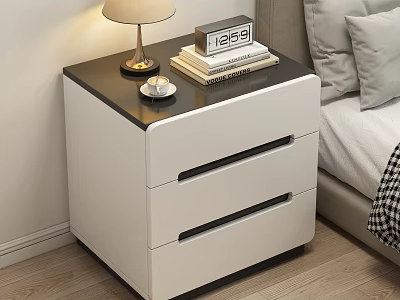 White Bedside Table With Two Drawers Black Top Table Lamp Alarm Clock Books Teacup 3d model