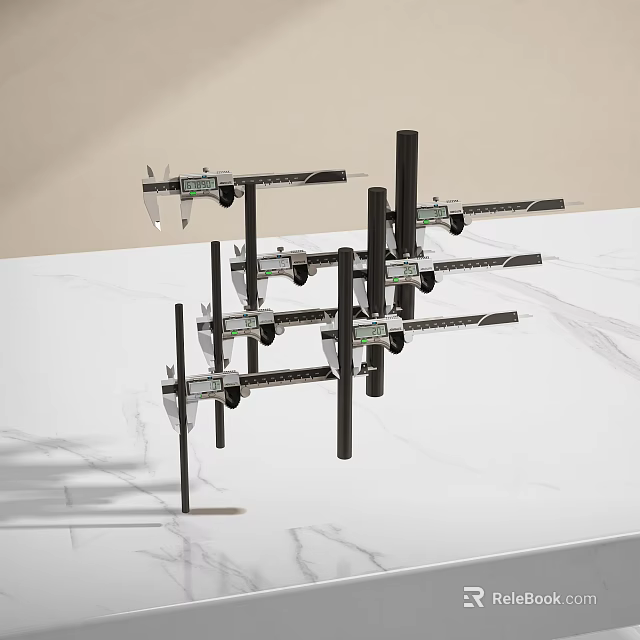 Multiple Precision Metal Vernier Calipers Standing On White Marble Tabletop 3d model 